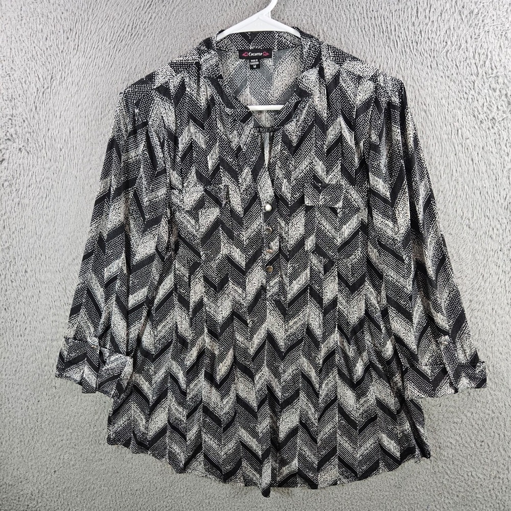 Cocomo Womens Black White Chevron Zig Zag Button Up Blouse Top M